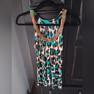 Sleeveless Teal and Black Animal Print Top with Gold Accent